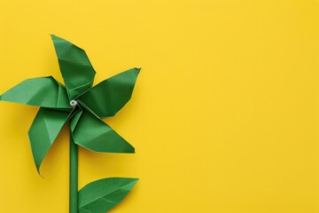 Whimsical Green Paper Pinwheel on Vibrant Yellow - A Generative AI