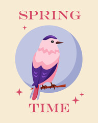 Hello spring. Greeting card with the beginning of spring. Cute little bird in pink and blue on round background. Magical illustration in retro and groovy style.