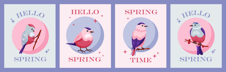 Set of greeting cards with birds. Greeting card with the beginning of spring. Cute little bird in pink and blue on round background. Magical illustration in retro style.