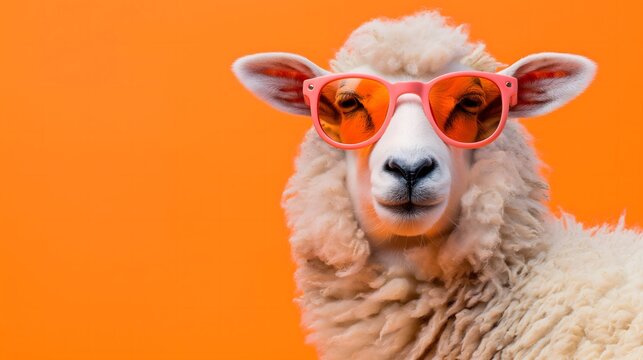 Cooles Schaf mit M&uuml;tze und Sonnenbrille vor orangenem Hintergrund