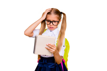 Prepare hard examen concept. Thoughtful puzzled smart clever pondering minded confused crying little girl holding textbook notebook with formula in hand touching head isolated bright background
