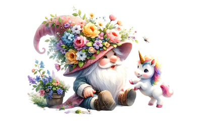 Watercolor gnome and unicorn on white background.