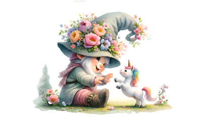 Naklejka premium Watercolor gnome and unicorn on white background.