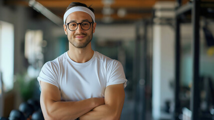 Skinny young man wearing glasses, white t shirt and a headband, funny geek standing in the modern gym room interior, exercise and workout healthy lifestyle, copy space, adult nerd male, indoors