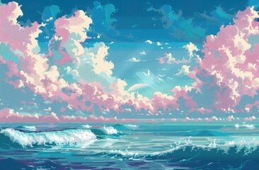 Fototapeta na wymiar Serene Pixelated Seascape at Dawn with Pastel Clouds - Generative AI