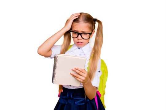 Prepare hard examen concept. Thoughtful puzzled smart clever pondering minded confused crying little girl holding textbook notebook with formula in hand touching head isolated bright background