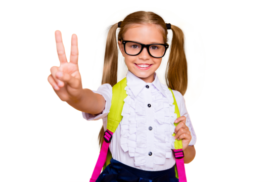 Close up studio photo portrait of sweet lovely intelligent with beaming smile long straight hairstyle wearing white daughter making giving v-sign isolated bright vivid background