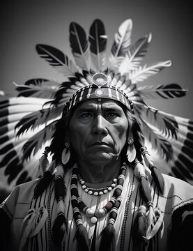 Native american culture chief from the cheyenne tribe wearing a traditional feathered headdress, vintage black and white