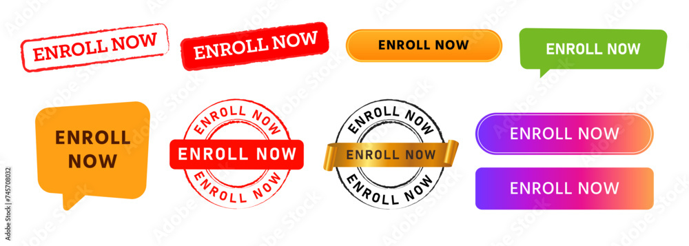 Poster enroll now circle rectangle stamp speech bubble and button website internet design element