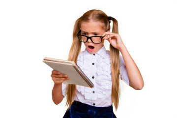 What is it! I do not understand it! Close up photo portrait of sad angry annoyed upset schoolkid with open mouth adjusting glasses staring looking at copybook textbook isolated bright background