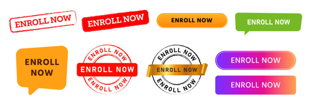 enroll now circle rectangle stamp speech bubble and button website internet design element