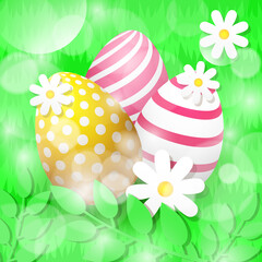 Bright multi-colored Easter eggs on the grass. Illustration. 