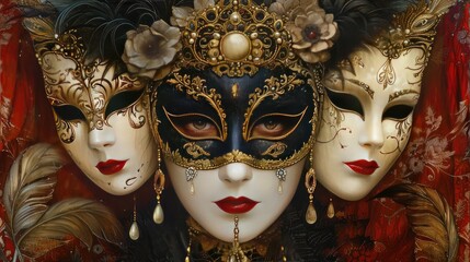 Masked ball. Everyone wears elegant evening clothes and their faces are covered with various masks during the evening. Generative AI