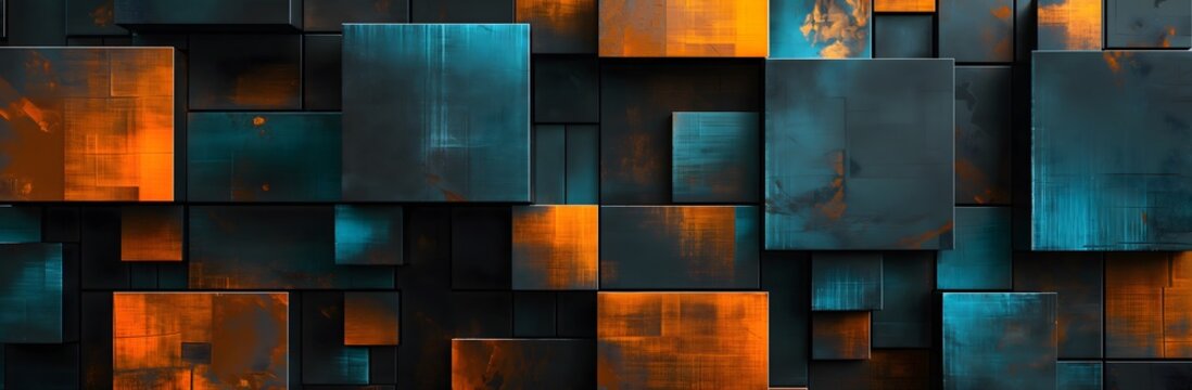 Quadratische Objekte aus Metall mit blau und Orange, Banner Hintergrund digitaler Quader
