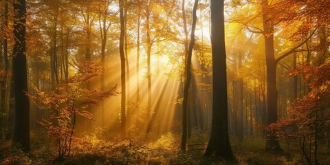 The autumn forest reveals its vivid beauty during the tranquil moments of the morning