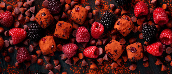 Background of Chocolate Bonbons strawberries, blackberries, raspberries.