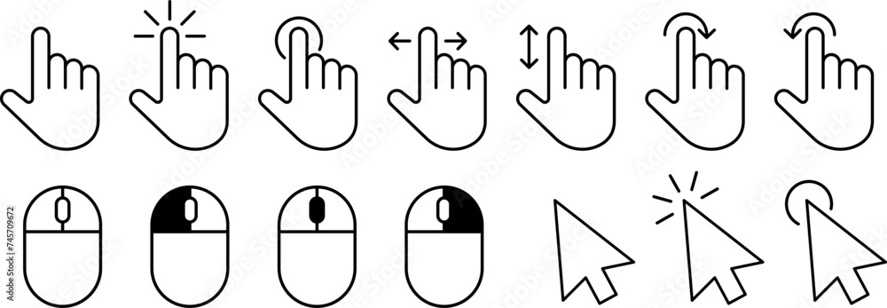 Fototapete Hand pointer cursor on transparent background. Computer mouse click cursor gray arrow icons set. Clicking cursor arrow, mouse computer key. Cursor. Vector illustration EPS 10