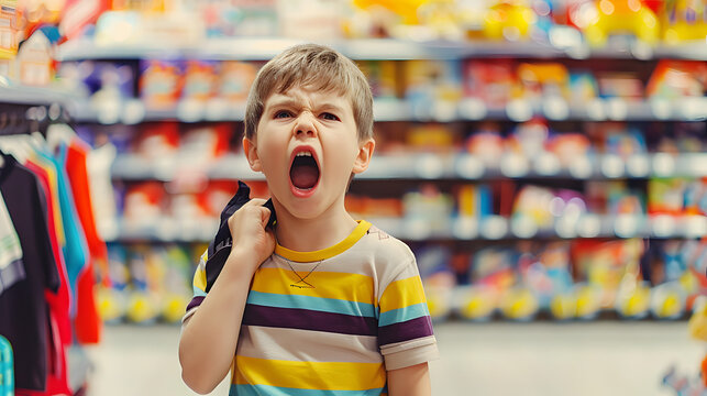 Little boy getting hysterical in toy shop. Kid makes difficult choice in supermarket. Many toys around.