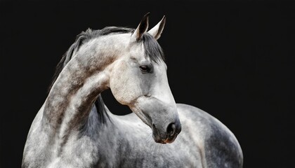 Beauty portrait of white horse isolated on black background.