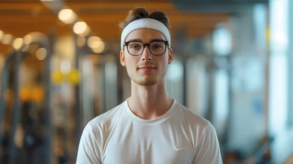 Fotobehang Skinny young man wearing glasses, white t shirt and a headband, funny geek standing in the modern gym room interior, exercise and workout healthy lifestyle, copy space, adult nerd male, indoors © Nemanja