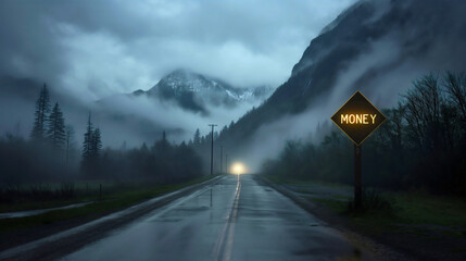Foggy, misty road at night with the sign saying "Money." Path to financial abundance and successful business, road to future career journey, choice of the way, investment pointer and guidance