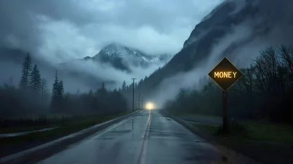 Fotobehang Foggy, misty road at night with the sign saying "Money." Path to financial abundance and successful business, road to future career journey, choice of the way, investment pointer and guidance © Nemanja