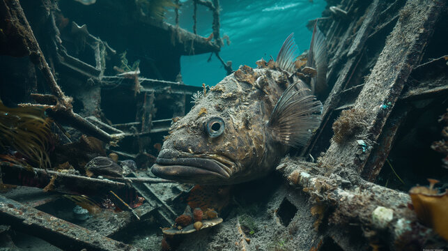 Camouflaged Deep-Sea Fish in Sunken Ship's Ruins