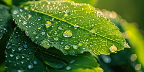 Lush green leaf featuring large, transparent rainwater drops in a mesmerizing macro