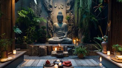 Fototapeta premium Harmony Unveiled: Buddha's Grace in a Peaceful Retreat