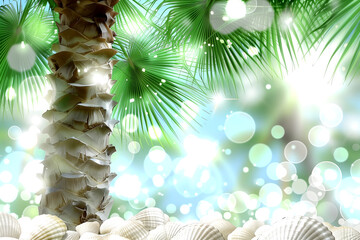 Tropical beach with palm leaves, bright sand and pebbles, shells. Blured background