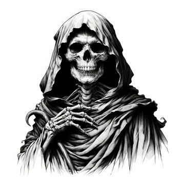 Morte con cappuccio su sfondo bianco. Generative AI