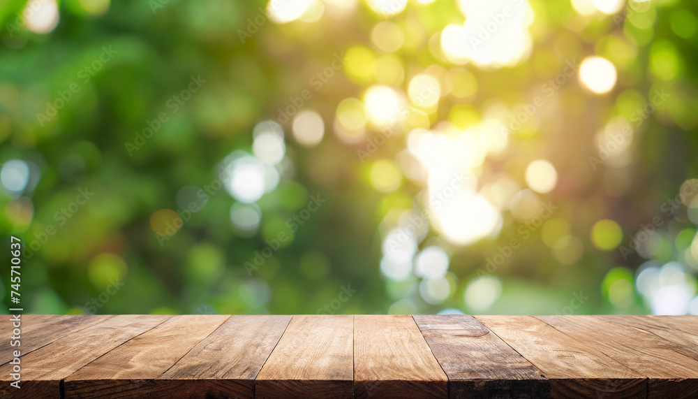 Poster empty wooden table top and abstract blurred light bokeh and blur background of garden trees in sunli