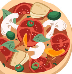 Whole pizza on full illustration with brie cheese,chanterelles, mushrooms,champignons,tomatores. Italian food dish with thick crust. Colored hand-drawn vector top view illustration.Flat Vector