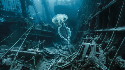 Jellyfish and Sunken Shipwreck