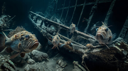 Fish and Sunken Ship's Remains - obrazy, fototapety, plakaty
