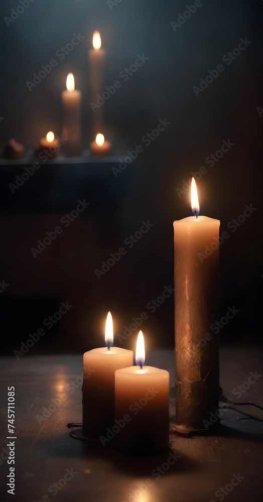 Poster the soft light of multiple candles casts a warm, inviting glow in the darkness, creating a peaceful 