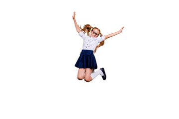 Fototapeta na wymiar Rejoice delight enthusiasm positive laugh people person concept. Full length size studio photo of cheerful excited sweet cute clever optimistic jumping schoolchild gesturing hands isolated background