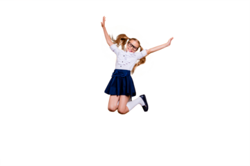 Rejoice delight enthusiasm positive laugh people person concept. Full length size studio photo of cheerful excited sweet cute clever optimistic jumping schoolchild gesturing hands isolated background