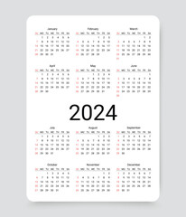 Calendar 2024 year. Pocket wall calender template. Week starts Sunday. Yearly organizer with 12 month in English. Scheduler layout in minimal design. Portrait orientation, A4. Vector illustration