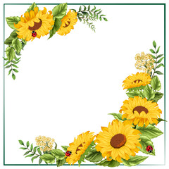 Frame with sunflowers in a bouquet.Decorative frame from sunflowers on a white background in vector illustration.