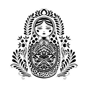 Traditional Russian nesting doll. Matryoshka Painted with floral patterns. Suitable doll for a coloring book, drawn in a linear style.