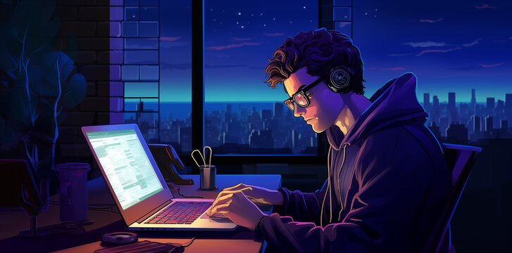Junger Mann, Programmierer sitzt in einer neonfarbenen Umgebung an seinem Laptop, Vaporwave Style