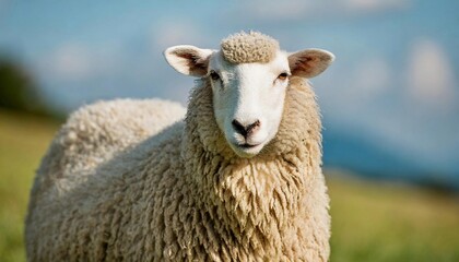 White fluffy sheep looking at camera. Young domestic animal.