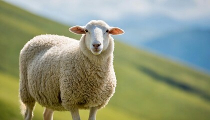 Obraz premium White fluffy sheep looking at camera. Young domestic animal.