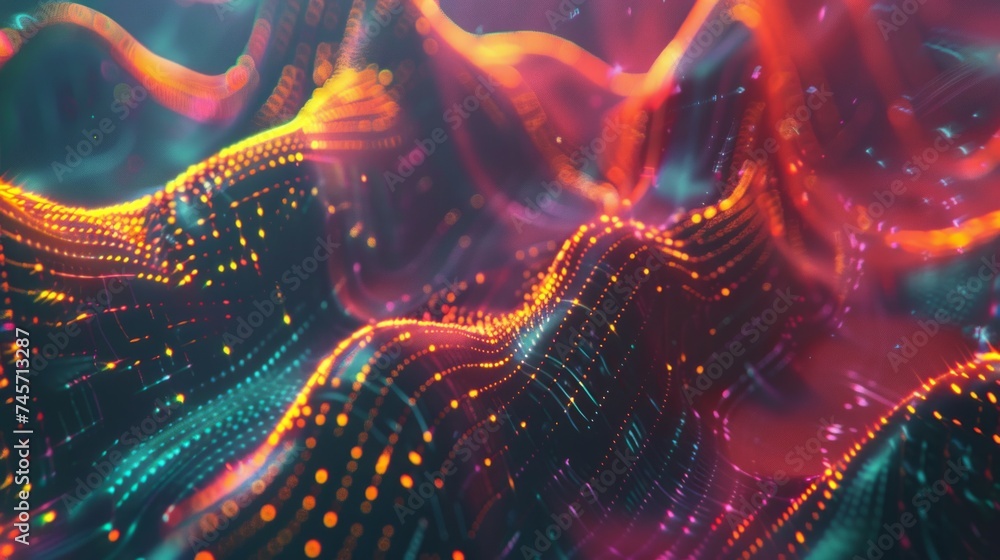 Poster dynamic abstract background with vibrant red and blue digital network waves and particles.