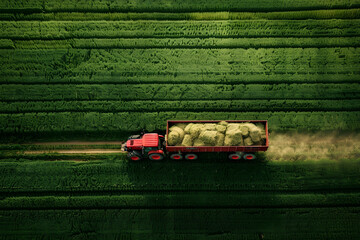Traktor mit Anhänger, gefüllt mit Gras auf auf Wiese, Luftbild, Vogelperspektive, Landwirtschaft, erstellt mit generativer KI