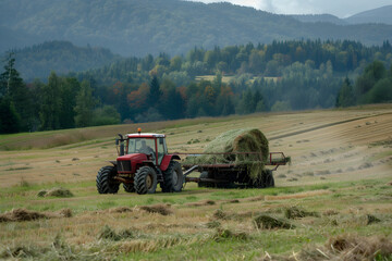 Traktor mit Anhänger, gefüllt mit Gras auf auf Wiese, Landwirtschaft, erstellt mit generativer KI