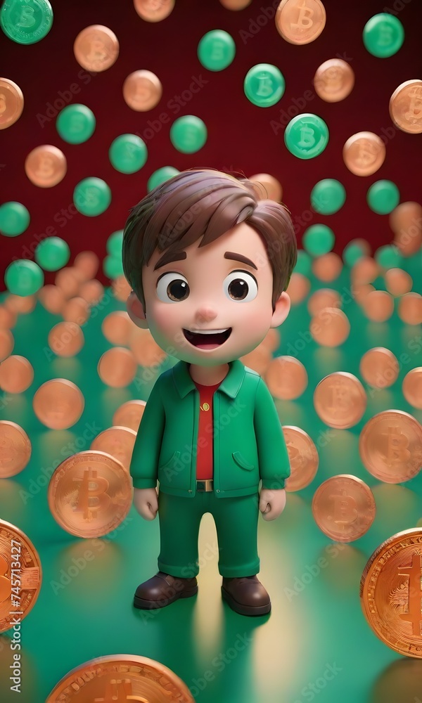 Aufkleber a conceptual character with a bitcoin for a head stands on a platform of coins, amidst a backdrop of