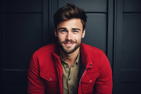 Portrait of a handsome young man in a red jacket. Men's beauty, fashion.