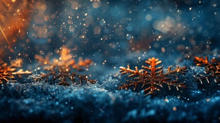 Golden snowflakes glittering on a textured snowy blue background with festive bokeh.